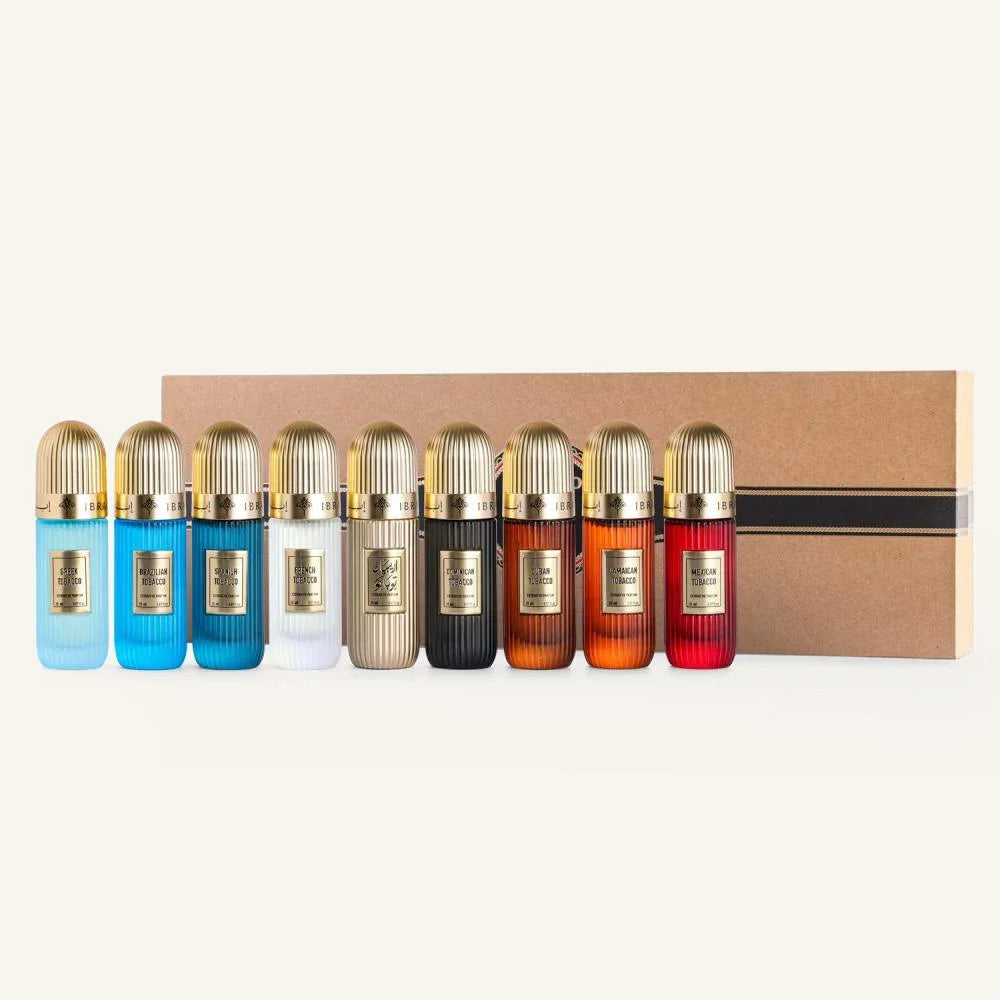 IBRAQ Tobacco Collection – nine 20 ml bottles displayed together